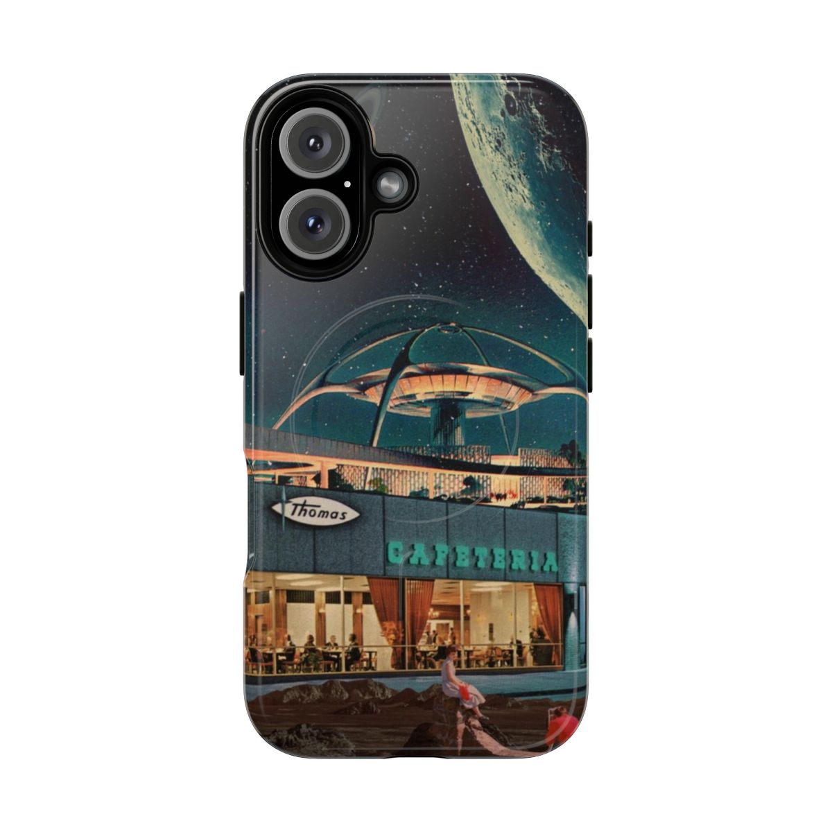 Vintage space-themed phone case featuring a digital collage of stars, planets, and a loving couple