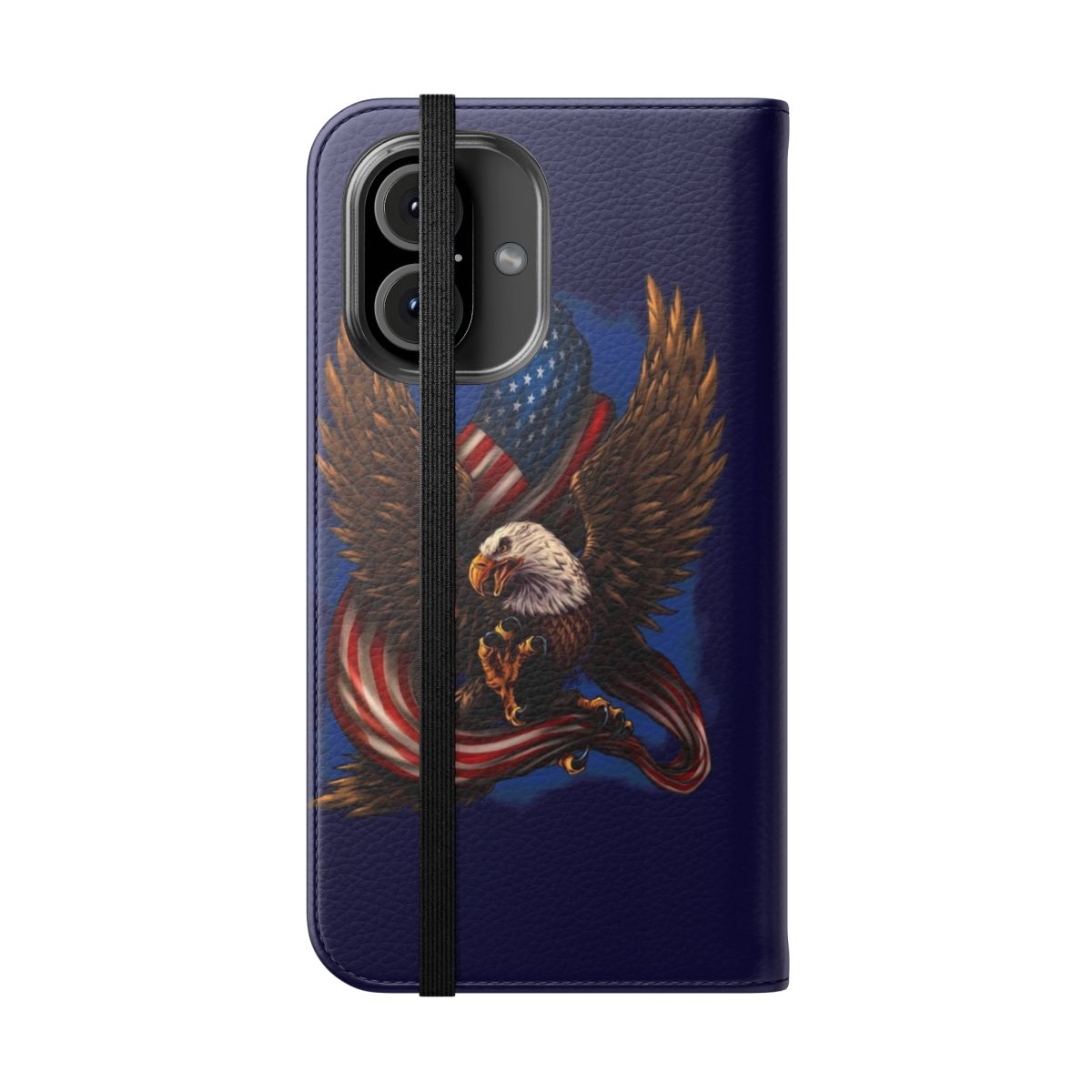 Patriotic phone case cover with American flag and bald eagle design - Folded Front