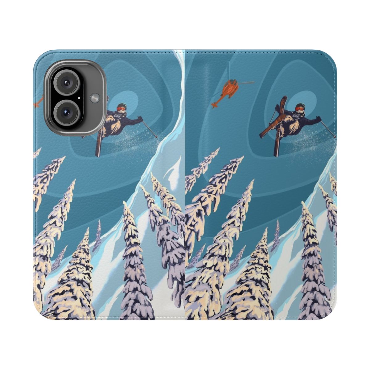 Retro ski jumper art on a flip cover phone case with a mountain landscape background