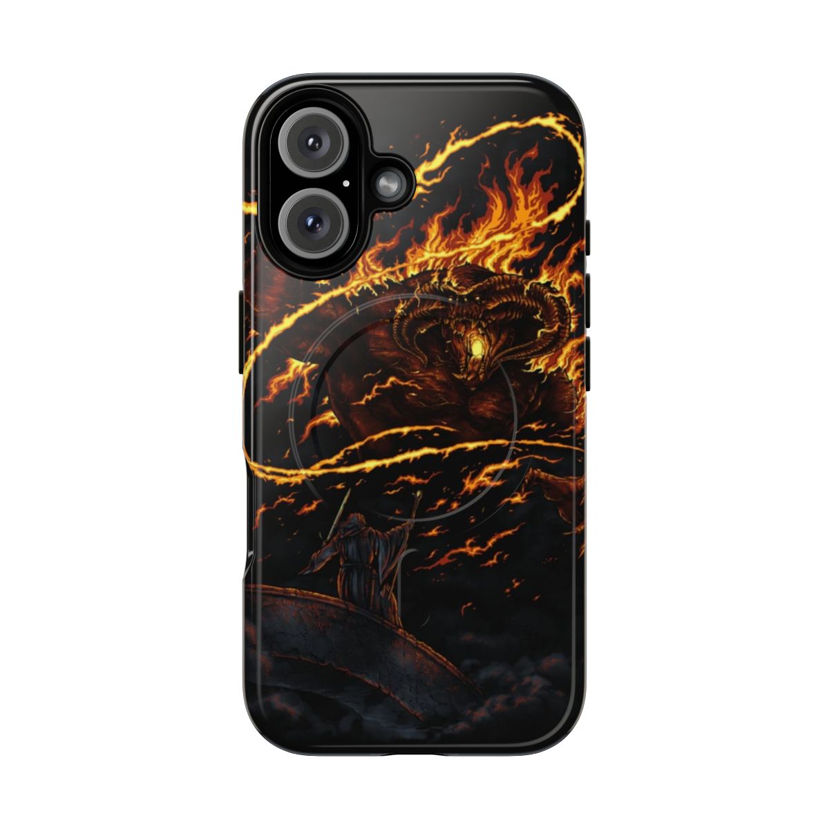 Durable magnetic phone case with a Lord of the Rings inspired Balrog design