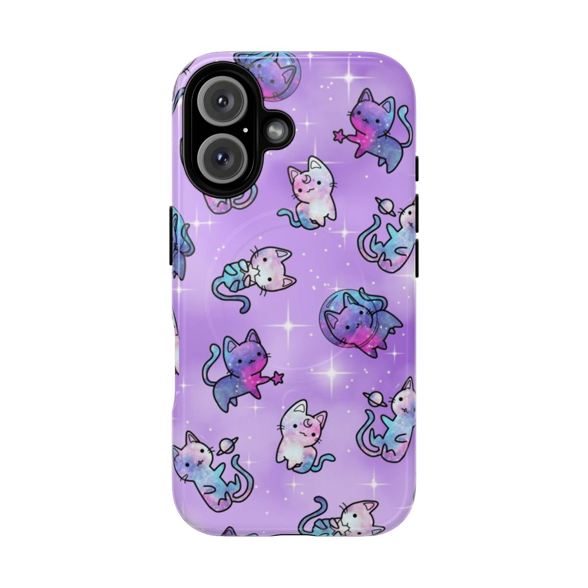 A phone case featuring a pastel, abstract design of a cat in a galaxy or nebula background.