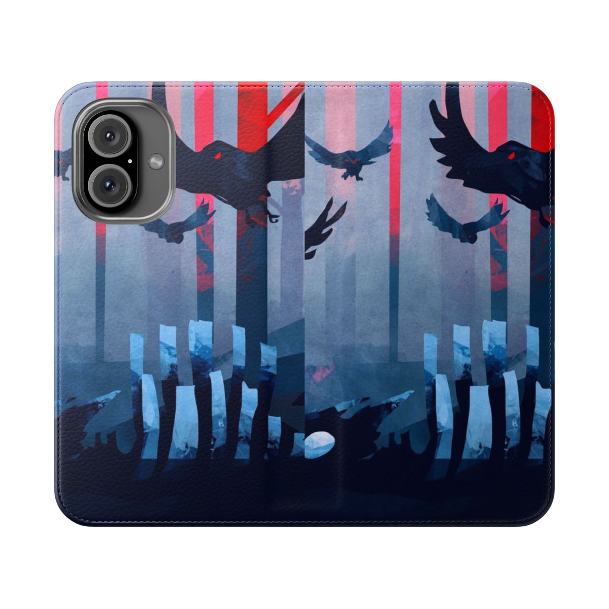 A blue and black phone case featuring a dramatic landscape with birds, stones, and nature elements.