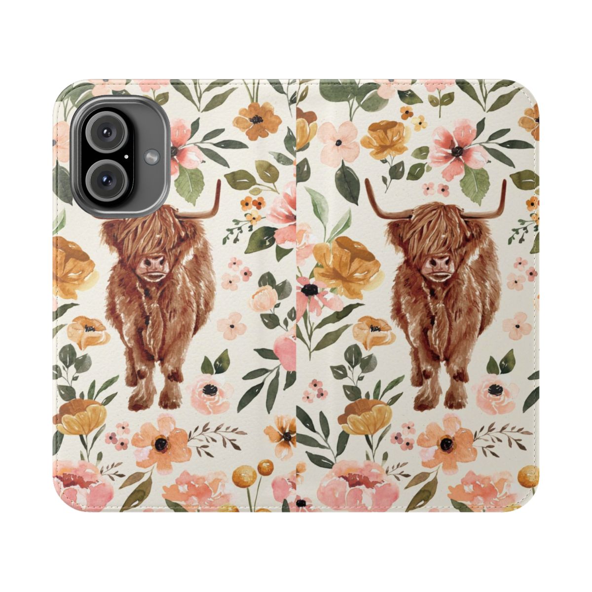 Stylish flip cover phone case featuring a hand-painted highland cow design with boho floral elements.