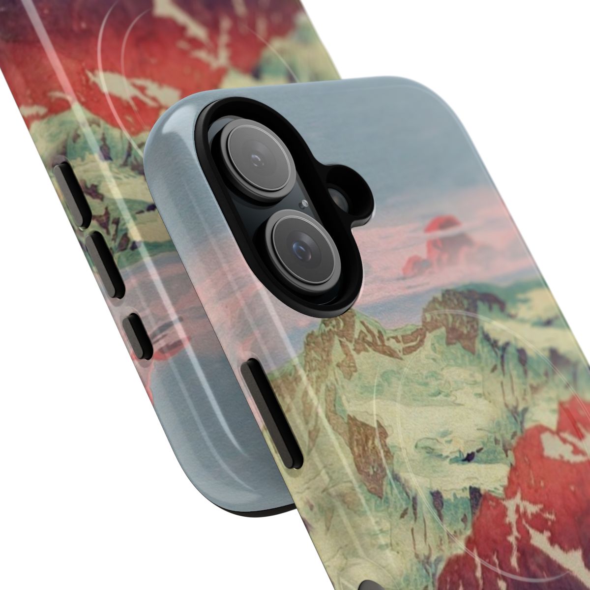 Artistic phone case featuring a serene winter landscape with mountains, a lake, and a colorful sunset sky in the ukiyo-e style. - Detail