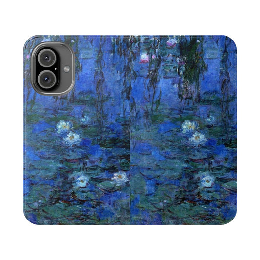 Flip cover phone case with vibrant blue water lily floral design inspired by the paintings of Claude Monet