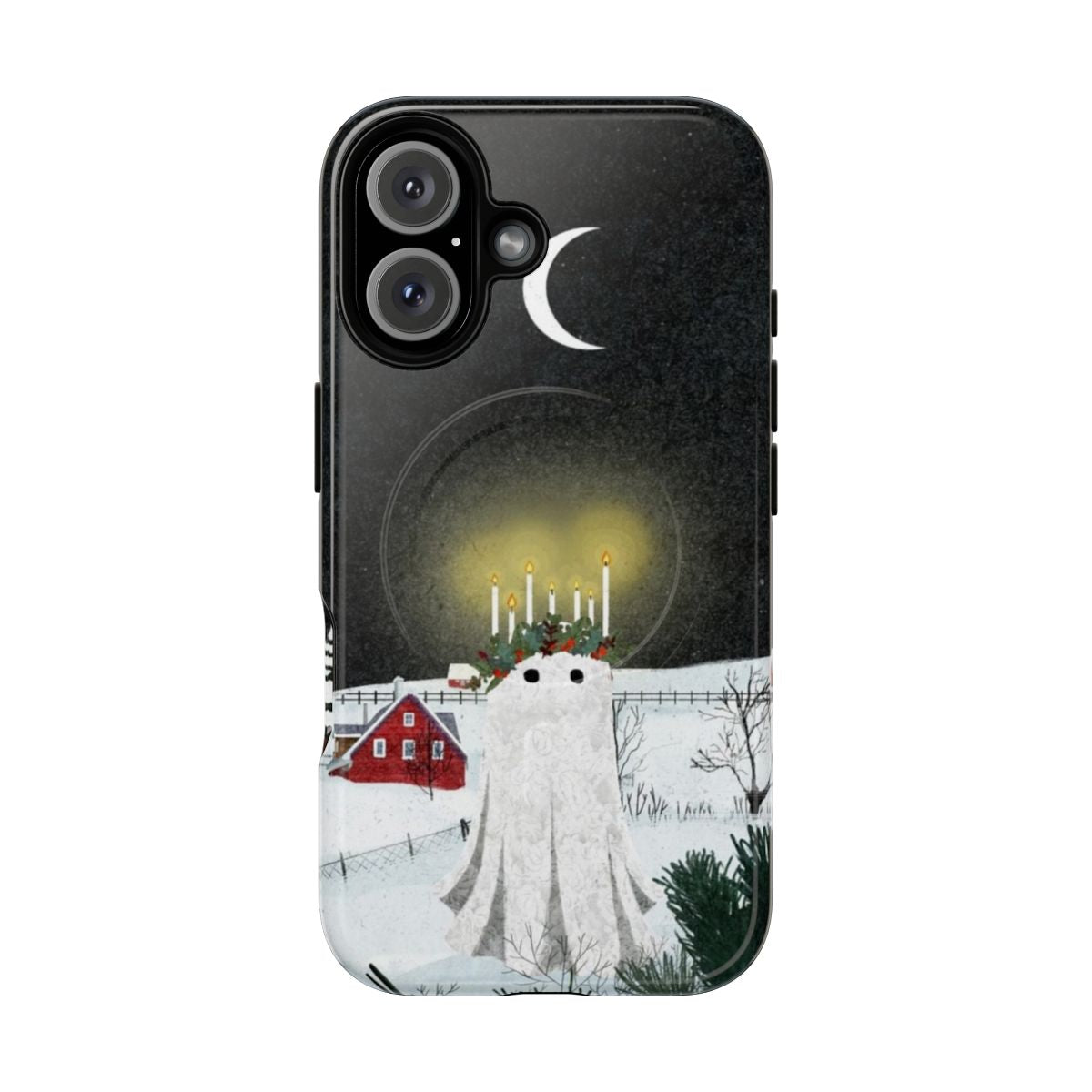 A cozy Nordic-inspired magnetic phone case with a winter scene featuring a candle, snow, and pine trees.