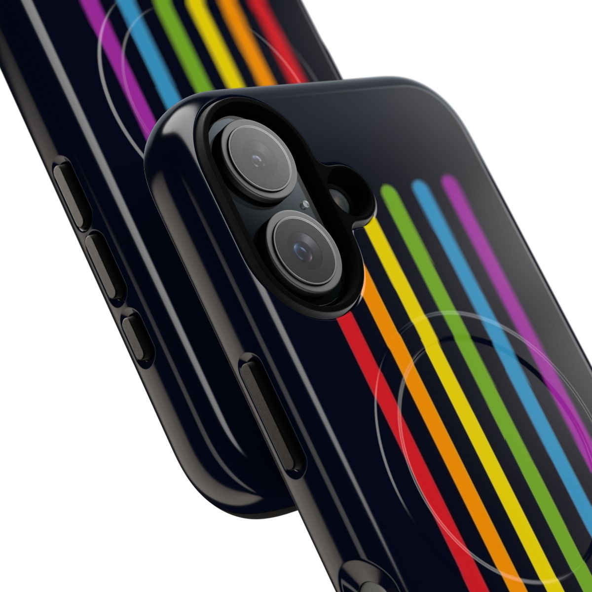 Vibrant rainbow-colored magnetic phone case with a sci-fi lightsaber design. - Detail