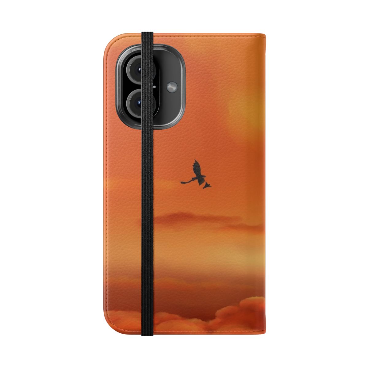 Photo of a phone case with an orange sky, clouds, and silhouettes of a dragon and rider - Folded Front