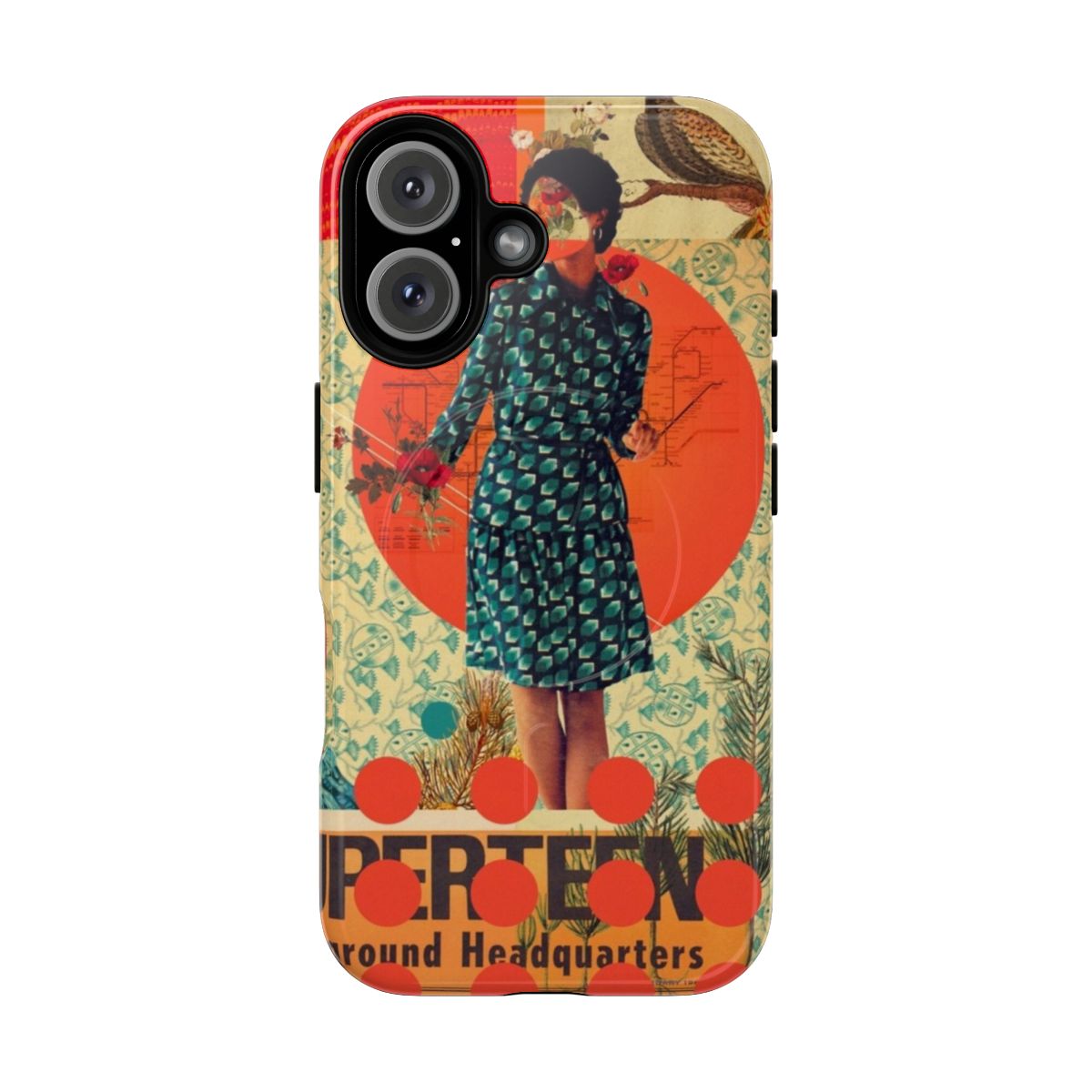 Vintage collage phone case with floral digital art and retro graphic design