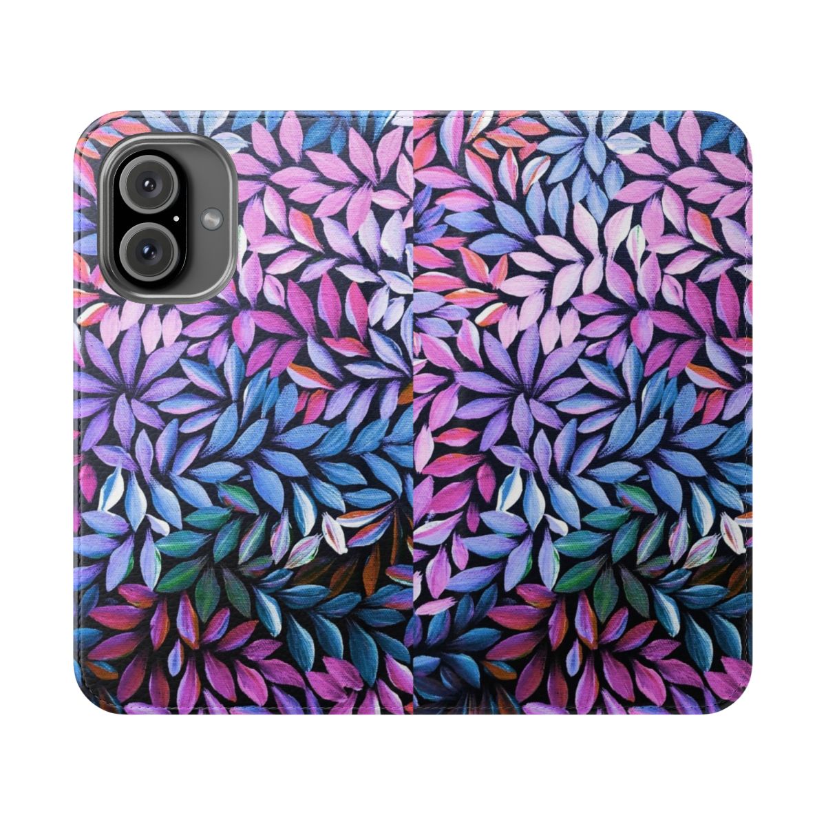 Flip cover phone case featuring a vibrant aboriginal art inspired pattern in pink, purple, and blue.