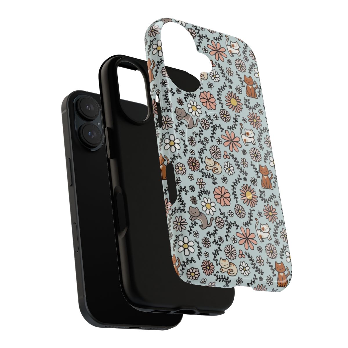 Magnetic phone case with a colorful floral and cute cat design - Layers