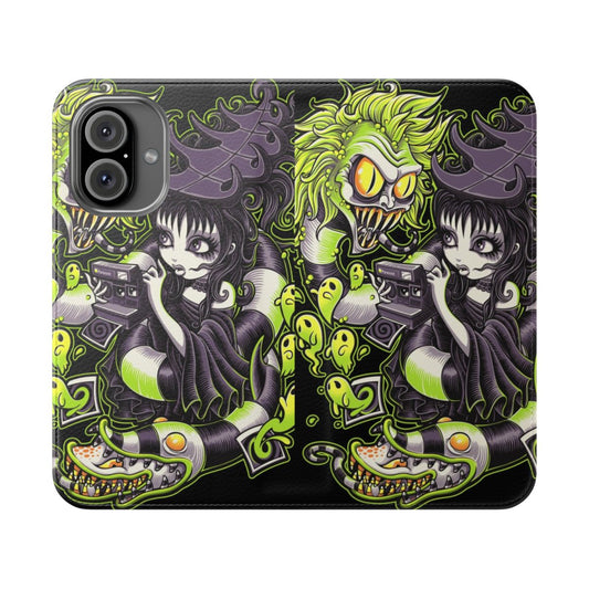 Spooktacular gothic flip cover phone case with Beetlejuice, Lydia, and horror-inspired designs