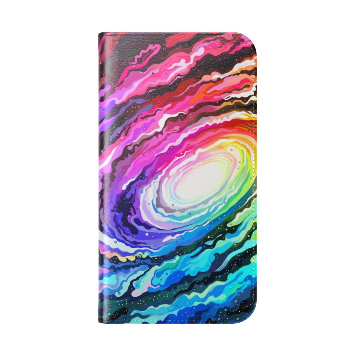 Andromeda flip cover phone case with a vibrant, space-themed design featuring galaxies, stars, and planets. - Folded Back