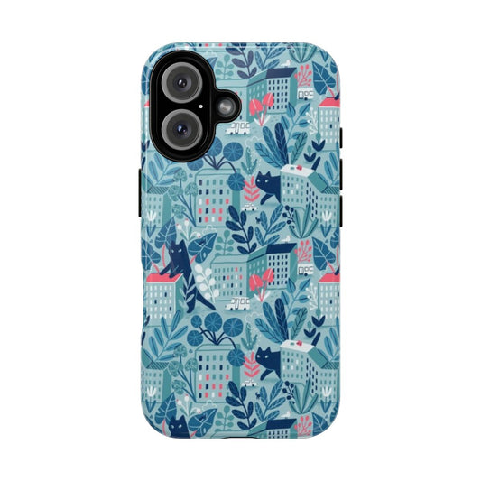 Magnetic tough phone case featuring illustrations of giant cats, plants, and a dormitory area