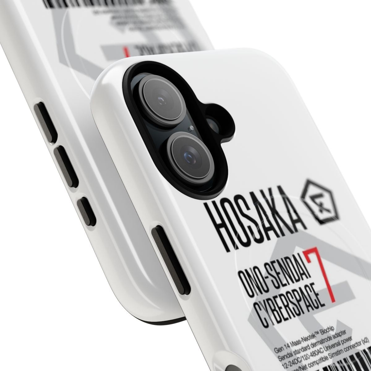 Sleek white cyberpunk phone case with Hosaka and Ono-Sendai inspired designs - Detail