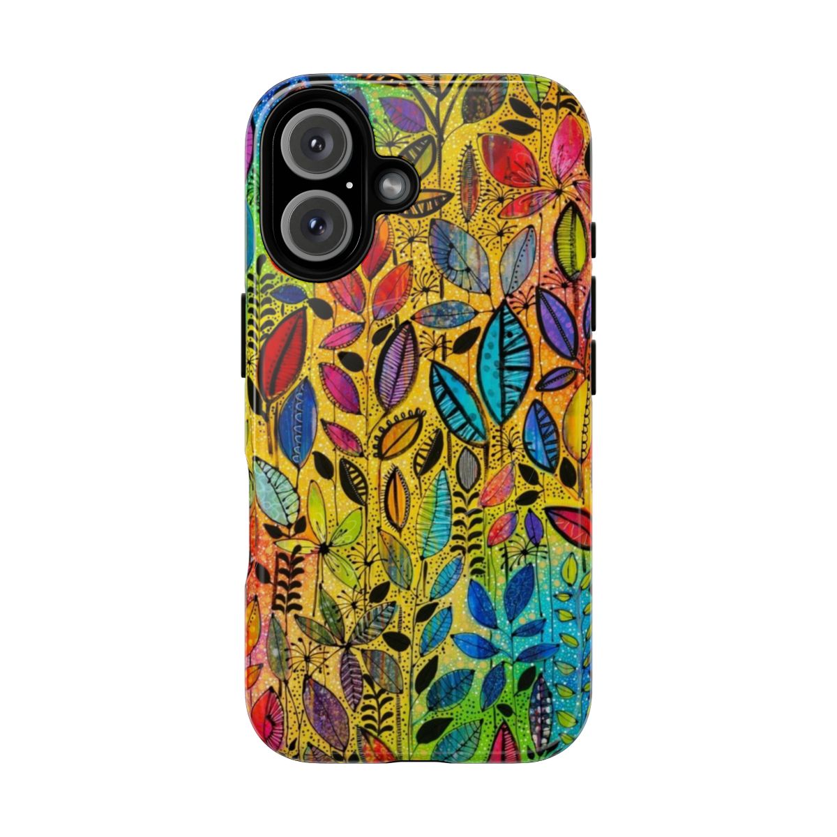 Close-up of a colorful, nature-inspired phone case featuring a botanical design with leaves, flowers, and a rainbow-like pattern.