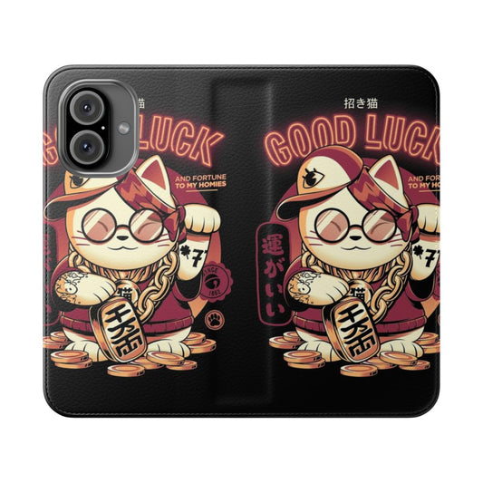 Stylish flip cover phone case featuring a lucky maneki neko cat design