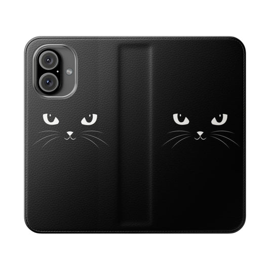 Black cat-themed flip phone case with a cute, whimsical design