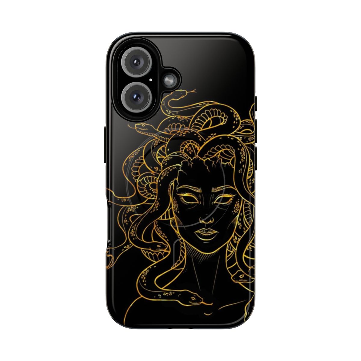 Medusa hair phone case with a black and gold lineart design featuring snakes and a stone-like texture.