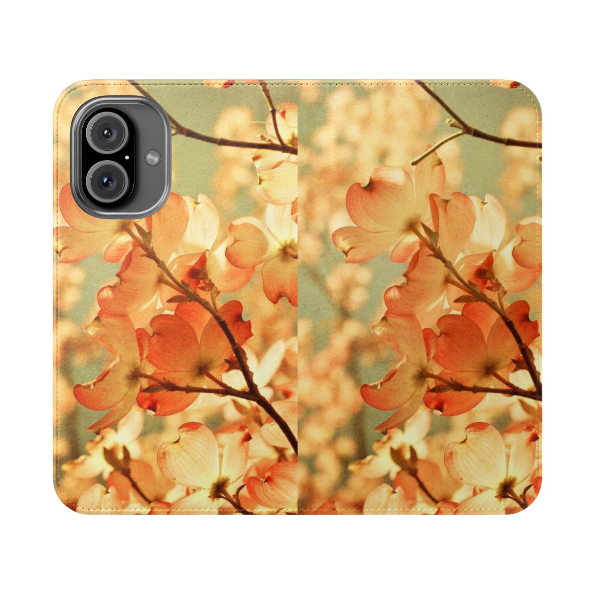 Vintage style flip cover phone case featuring pink spring flowers, a dreamy botanical design.