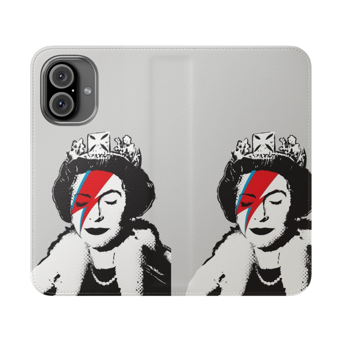 Banksy-inspired black and white phone case design featuring Queen Elizabeth II