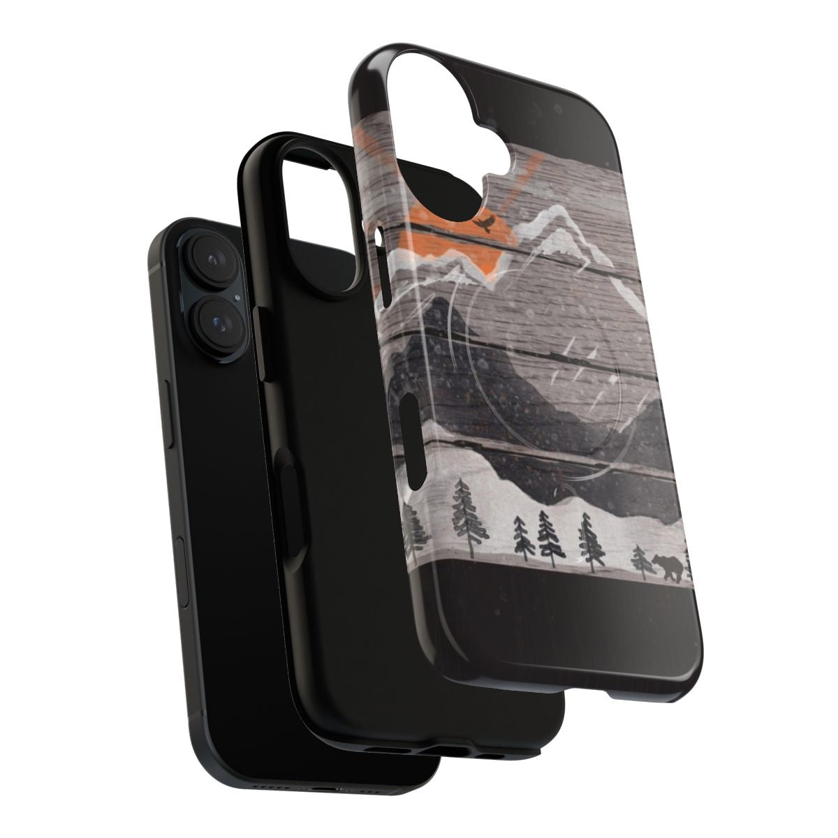 A rugged phone case with a nature-inspired design, featuring mountains, wildlife, and a scenic sunset. - Layers