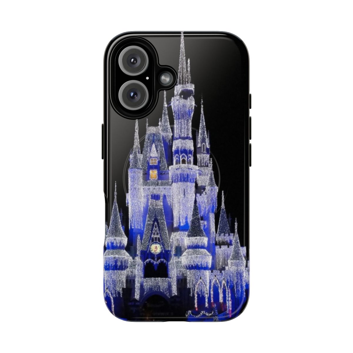 Detailed icy castle phone case with blue and white lights, inspired by Disney princess castles.