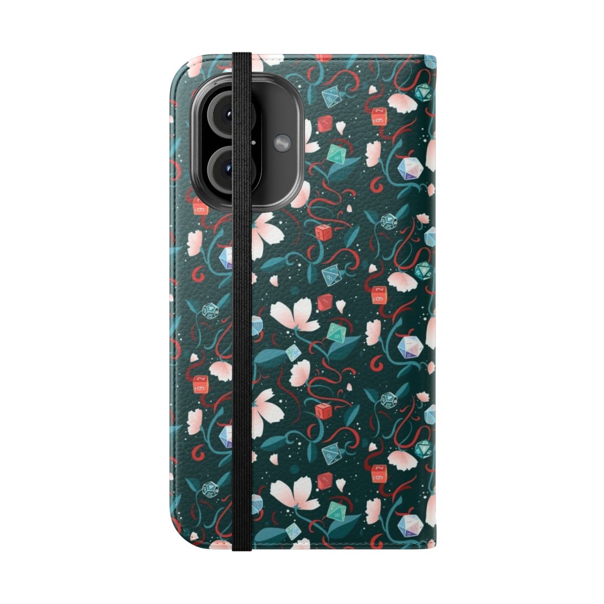 A blue and white phone case with a dice and floral pattern design - Folded Front