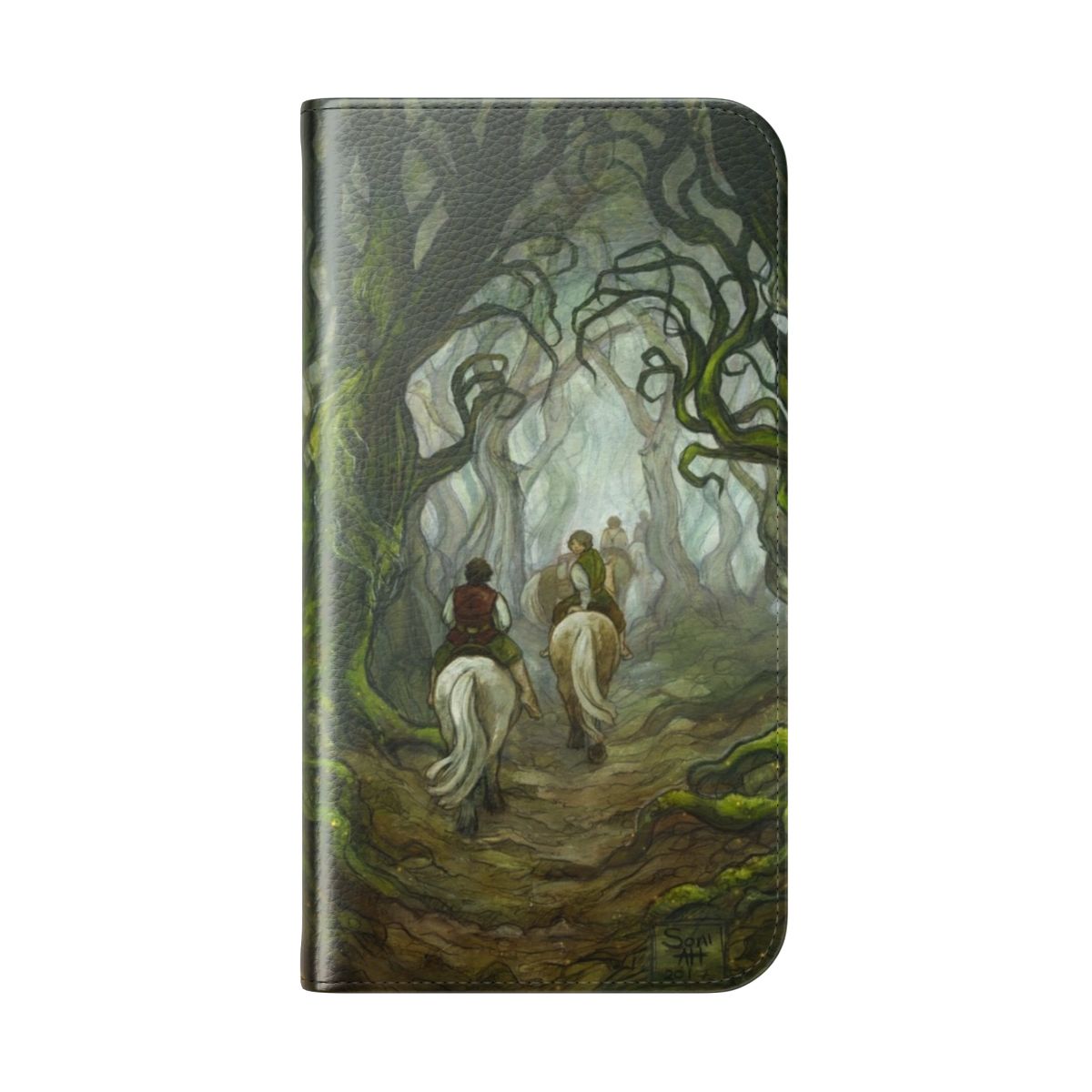 A phone case featuring a design inspired by the old forest, moss, and trees from the Lord of the Rings universe. - Folded Back