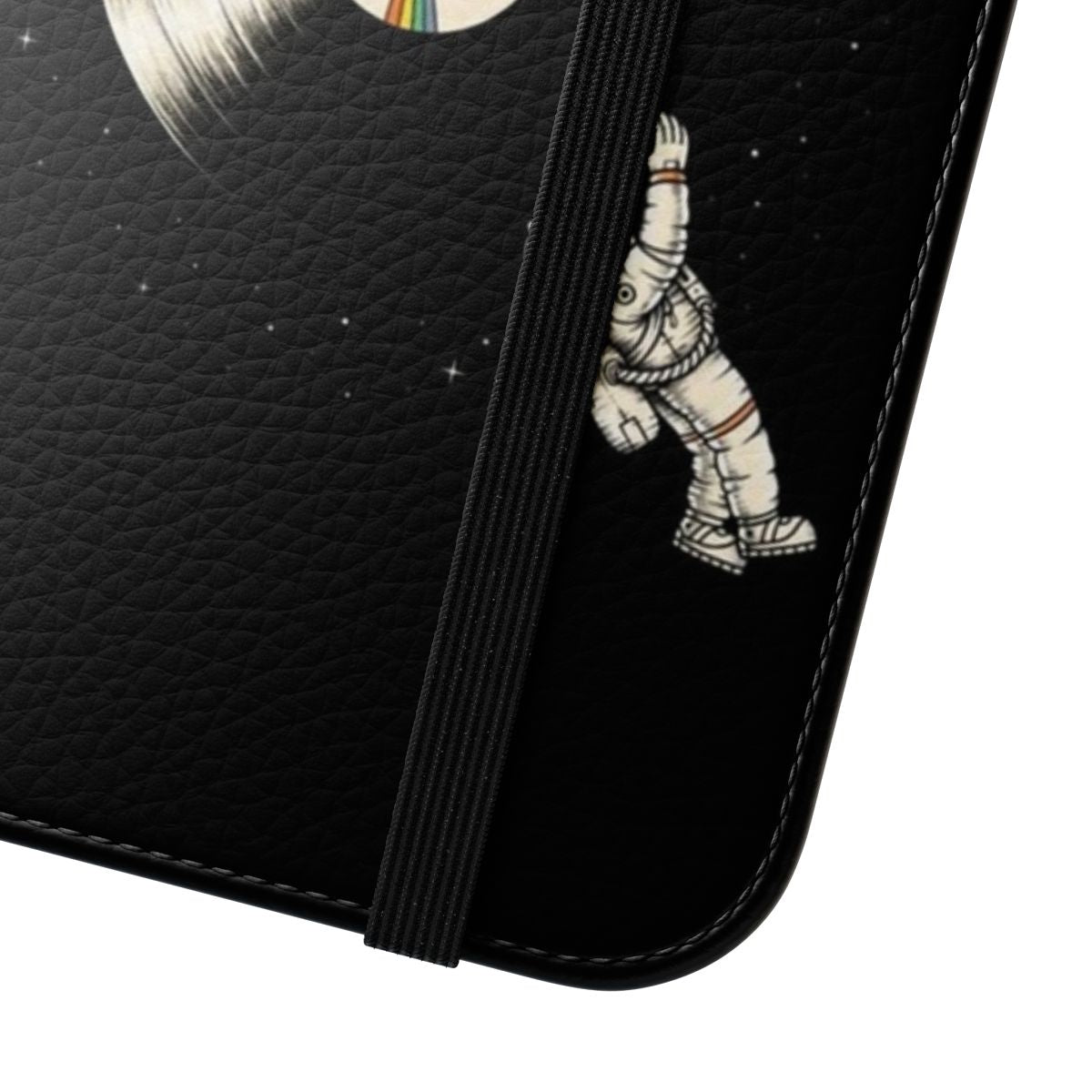 Flip cover phone case with a space, moon, and stars design - Close Up