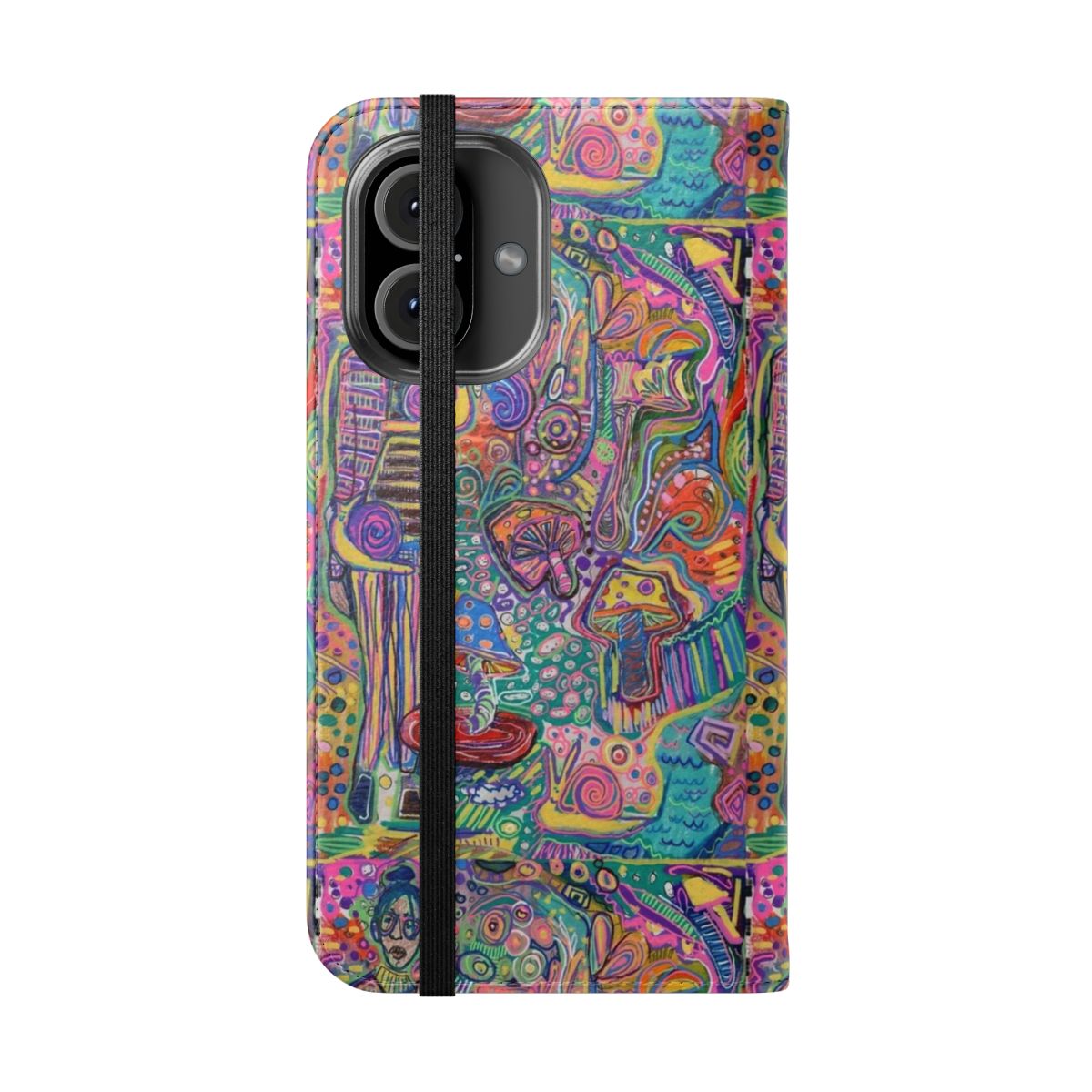 Colorful and vibrant trippy mushroom design on a flip phone case - Folded Front