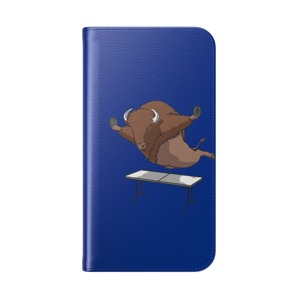 A flip cover phone case featuring a Buffalo Bills Mafia-inspired table dive design. - Folded Back