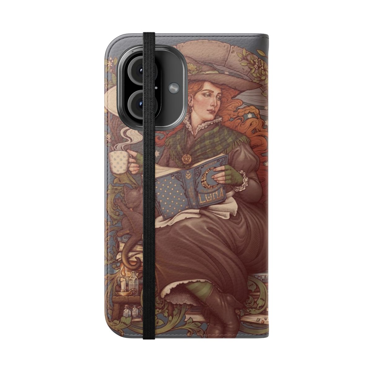 Artistic flip cover phone case with gothic and bohemian designs, featuring a black cat, lemon tree, and Gustavo Adolfo Becquer inspired artwork. - Folded Front