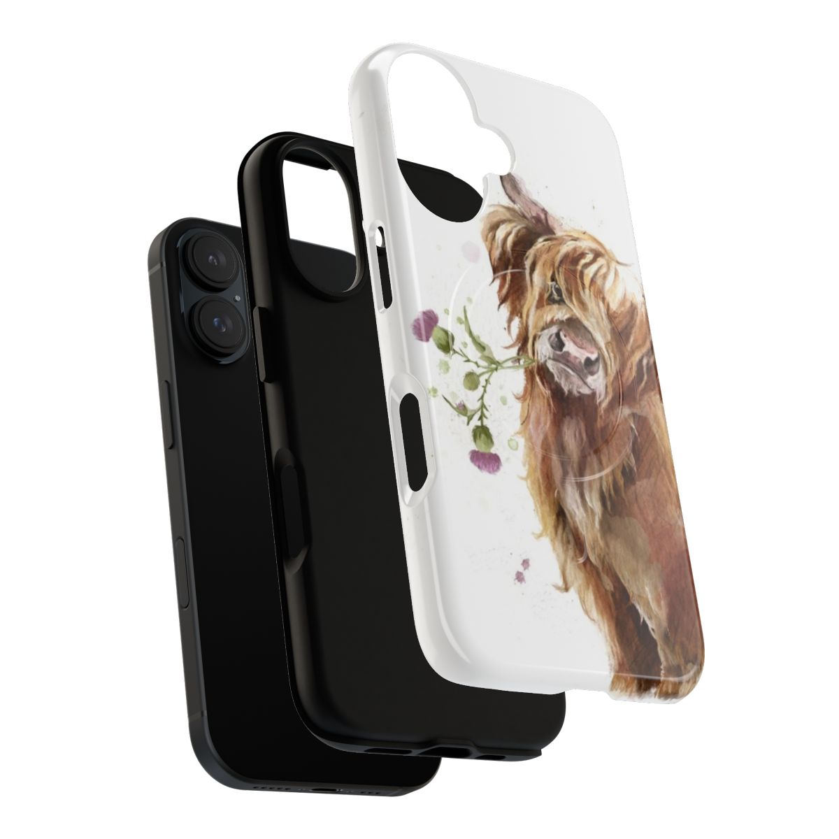 Artistic watercolor highland cow design on a durable magnetic phone case - Layers