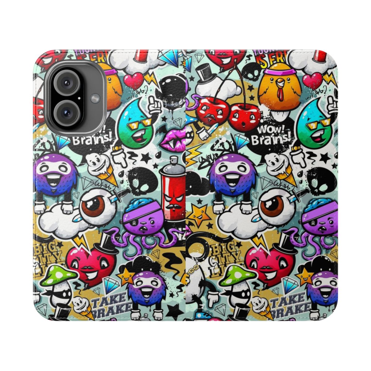 Colorful graffiti-style artwork on a flip cover phone case