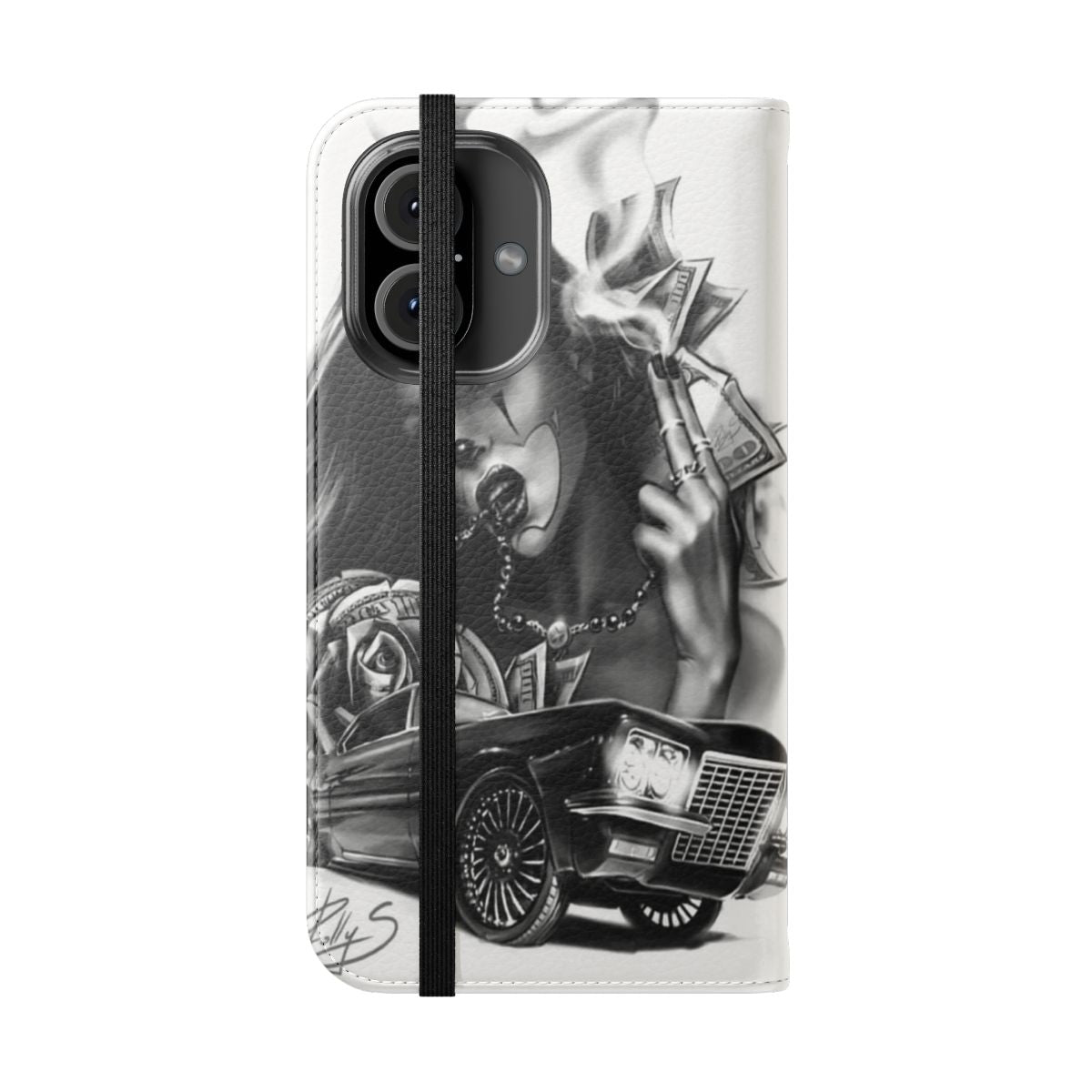 Chicano style flip cover phone case with skull and tattoo designs - Folded Front