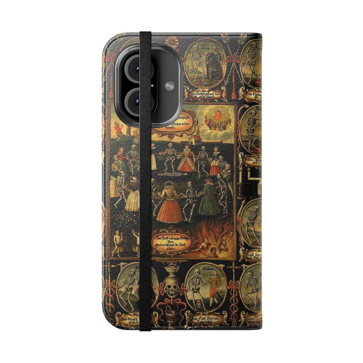 A gothic-inspired flip cover phone case featuring a danse macabre design with skulls and skeletons. - Folded Front