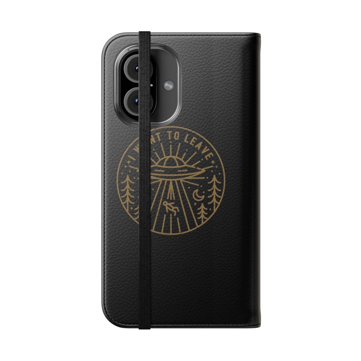 A flip cover phone case with a sci-fi and pop culture inspired design, featuring references to the X-Files, aliens, and other related themes. - Folded Front