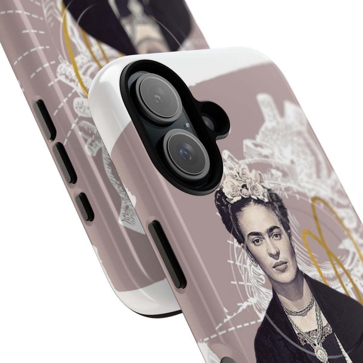 Artistic phone case featuring a black and white portrait of Frida Kahlo surrounded by colorful flowers - Detail