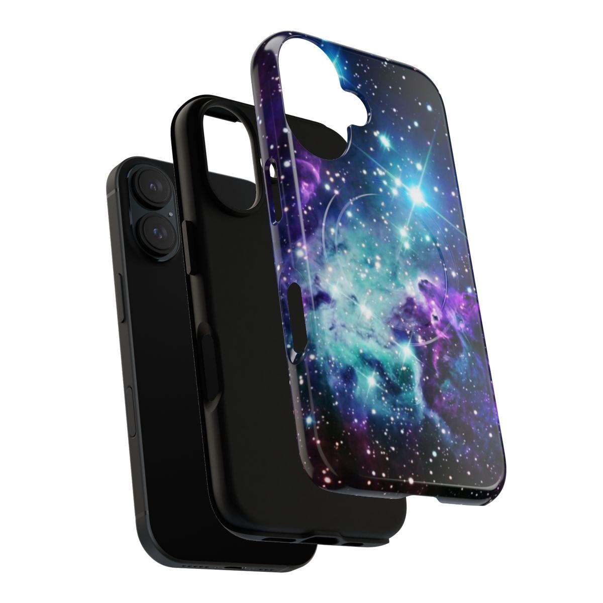 Cosmic galaxy nebula pattern on a teal, turquoise, and purple magnetic tough phone case - Layers