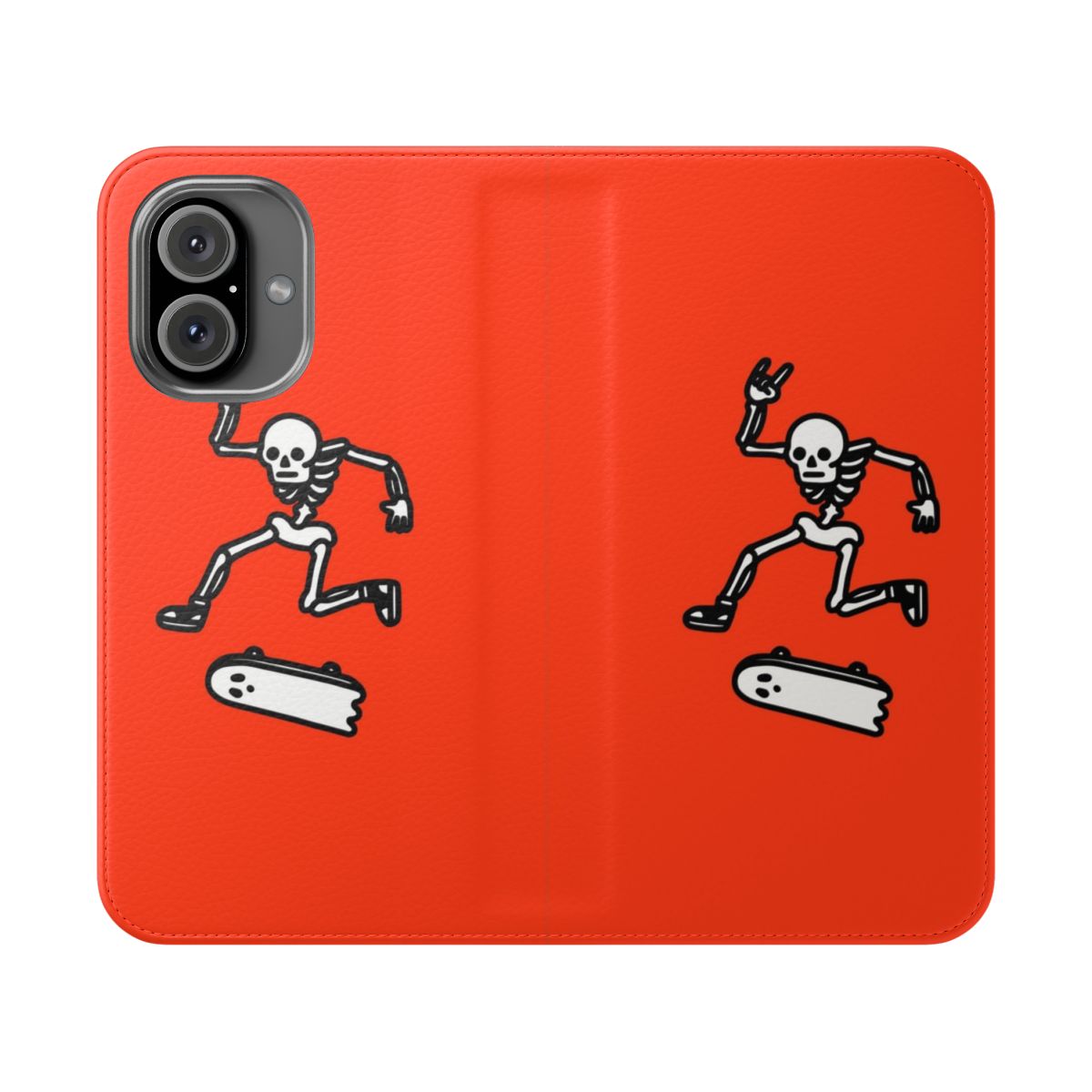 Spooky skater-inspired flip cover phone case with a skull, skateboard, and skeleton design