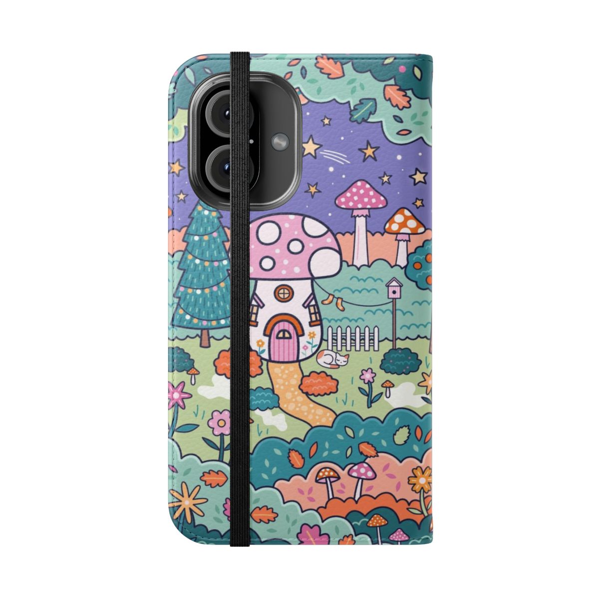 A whimsical flip phone case featuring a mushroom cottage design with stars, trees, and a cozy woodland scene. - Folded Front