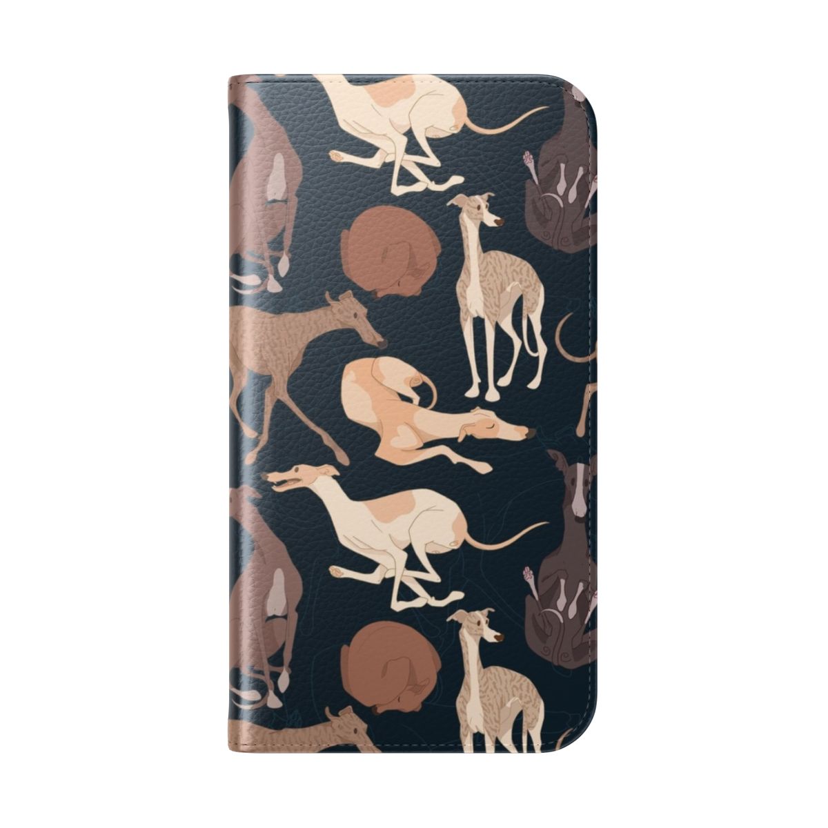 A flip phone case featuring a whippet dog pattern in a half drop design. - Folded Back