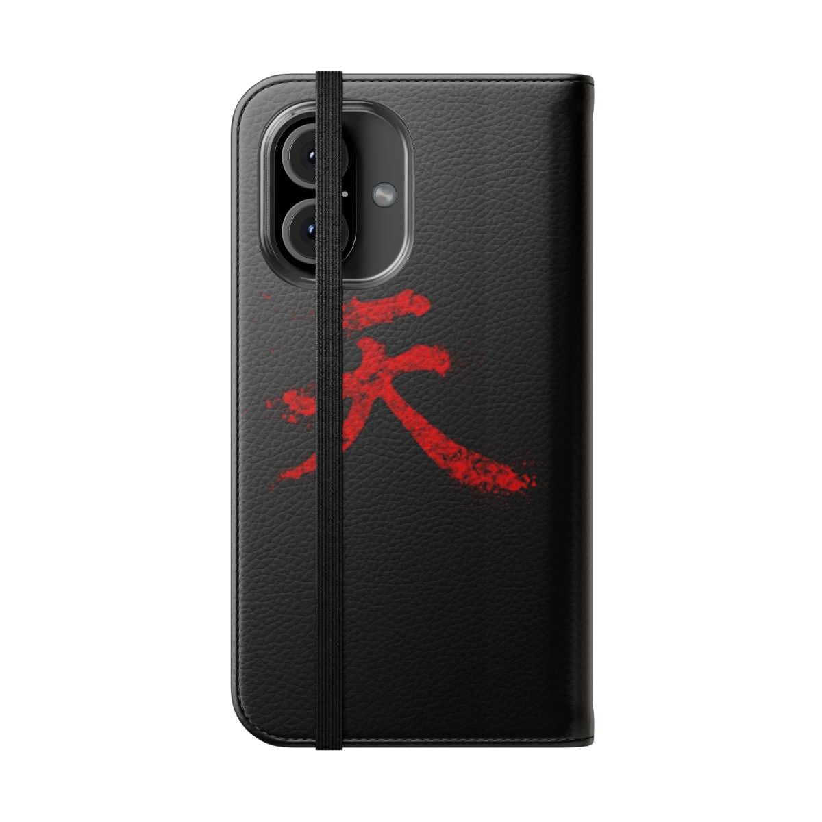 Akuma-inspired flip cover phone case with street fighter-style kanji design - Folded Front