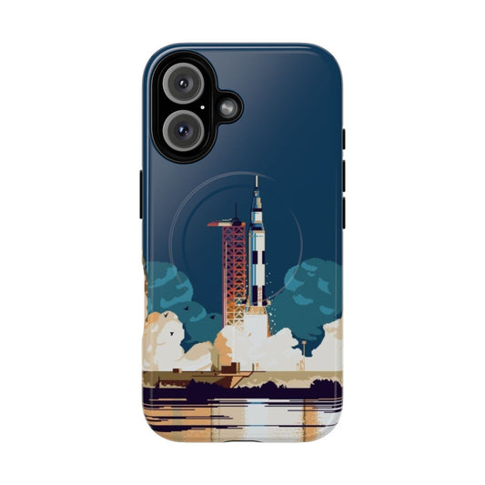 Pixel art designed magnetic tough phone case featuring Apollo 11 spacecraft and rocket