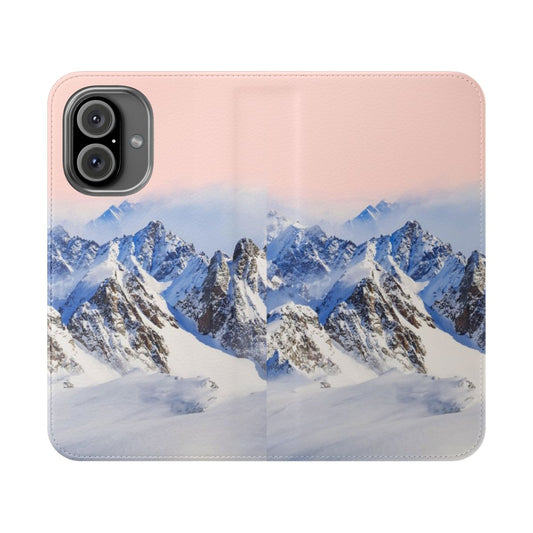 A phone case featuring a beautiful winter landscape with snow-capped mountains.