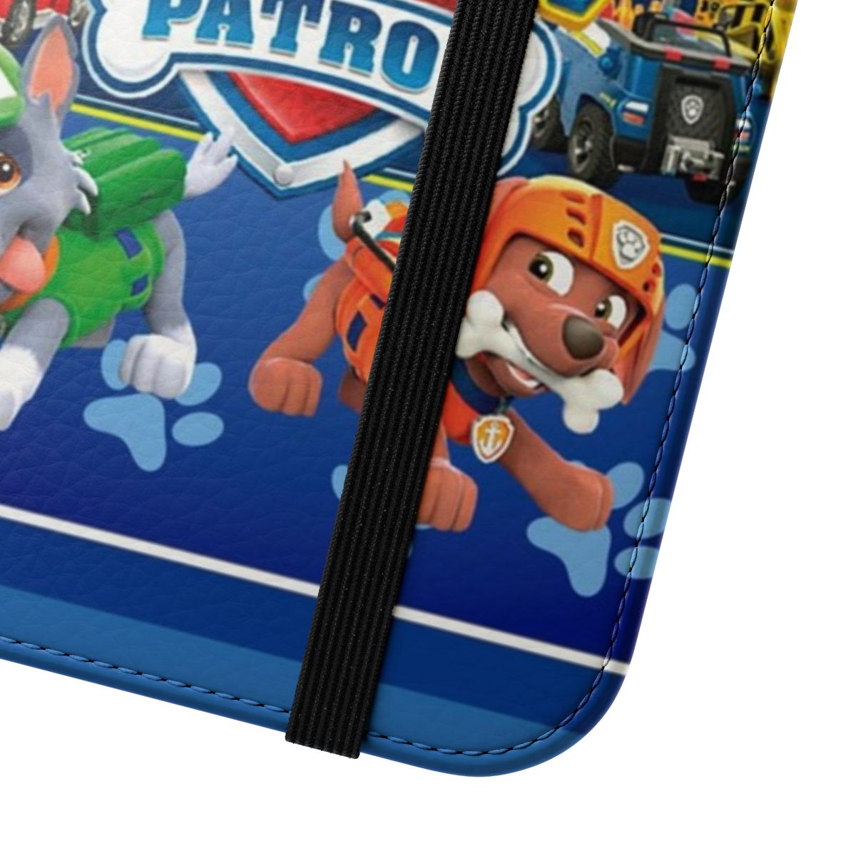 Paw Patrol-themed flip cover phone case in blue - Close Up