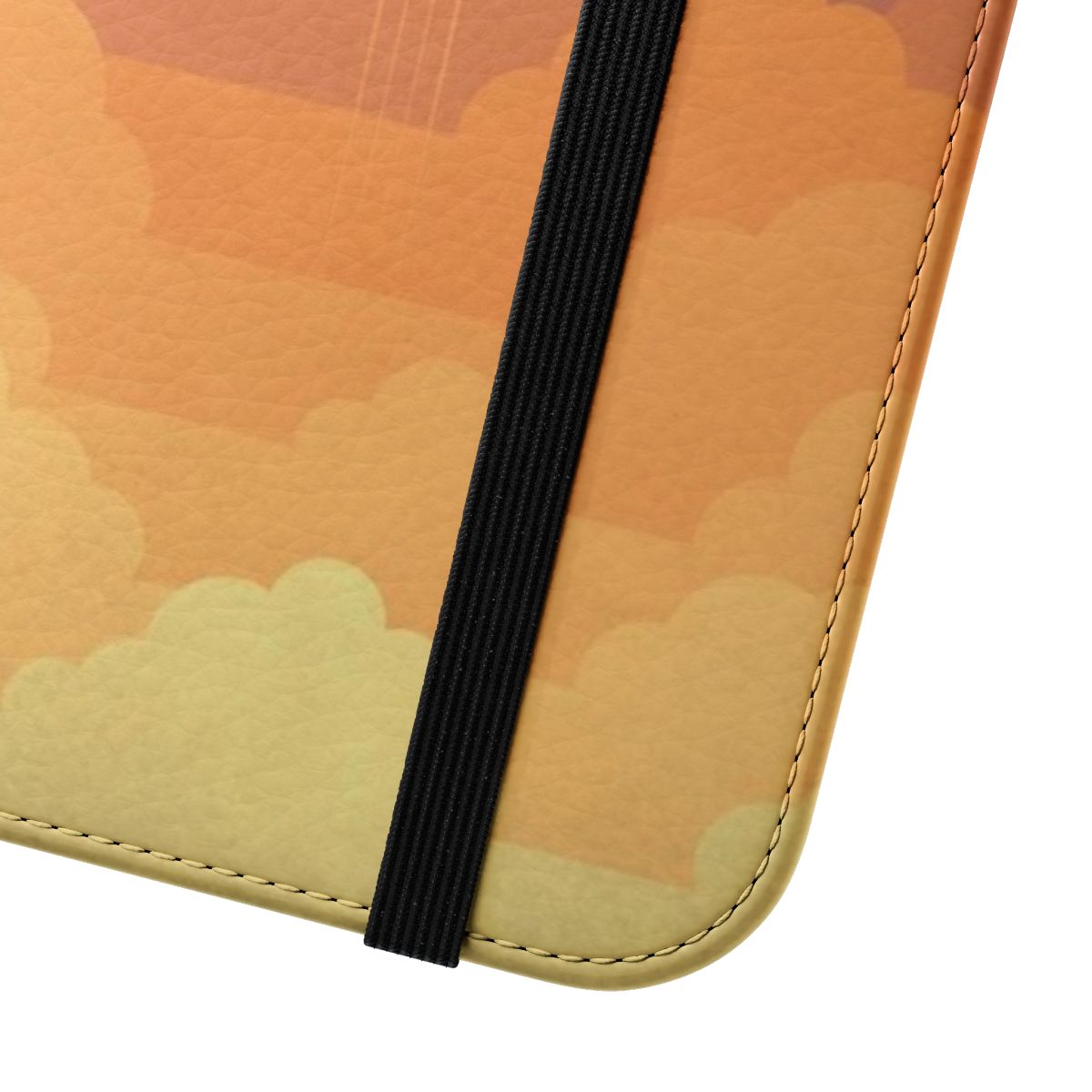 A flip cover phone case featuring an artistic depiction of clouds, planets, and a starry night sky - Close Up