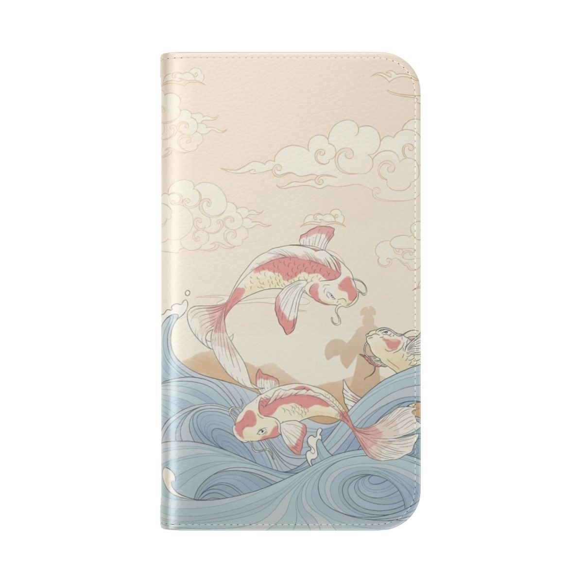 Kyoshi Island travel poster inspired flip cover phone case with koi fish and vintage Japanese design elements. - Folded Back