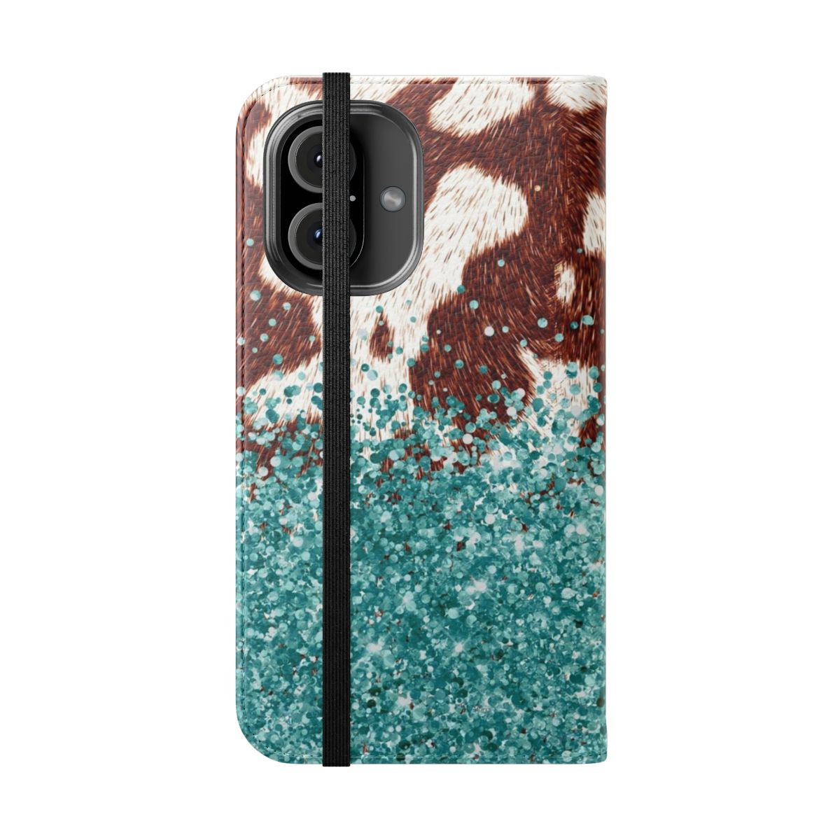 Turquoise, teal, and brown cowhide-patterned phone case with glittery accents - Folded Front